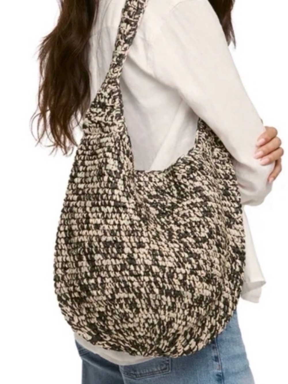Banana Republic Black and Cream Handwoven Shoulder Bag